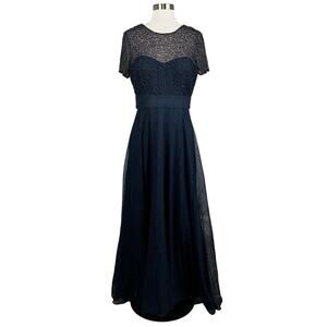 JS Collections Women's Formal Dress Size 4 Blue Beaded Lace Short Sleeve Gown